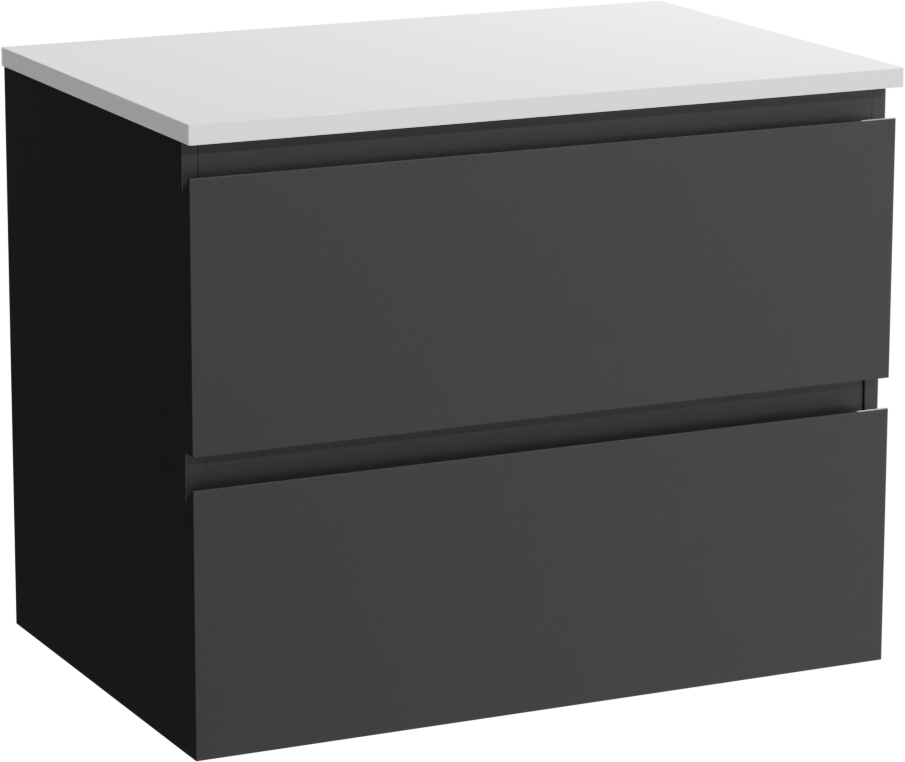 Linie Lado hängendes Möbelstück Set: 70 x 46 cm, Schwarz matt, mit Lado Einzel Waschtischplatte, Marmorkomposit Weiß glänzend