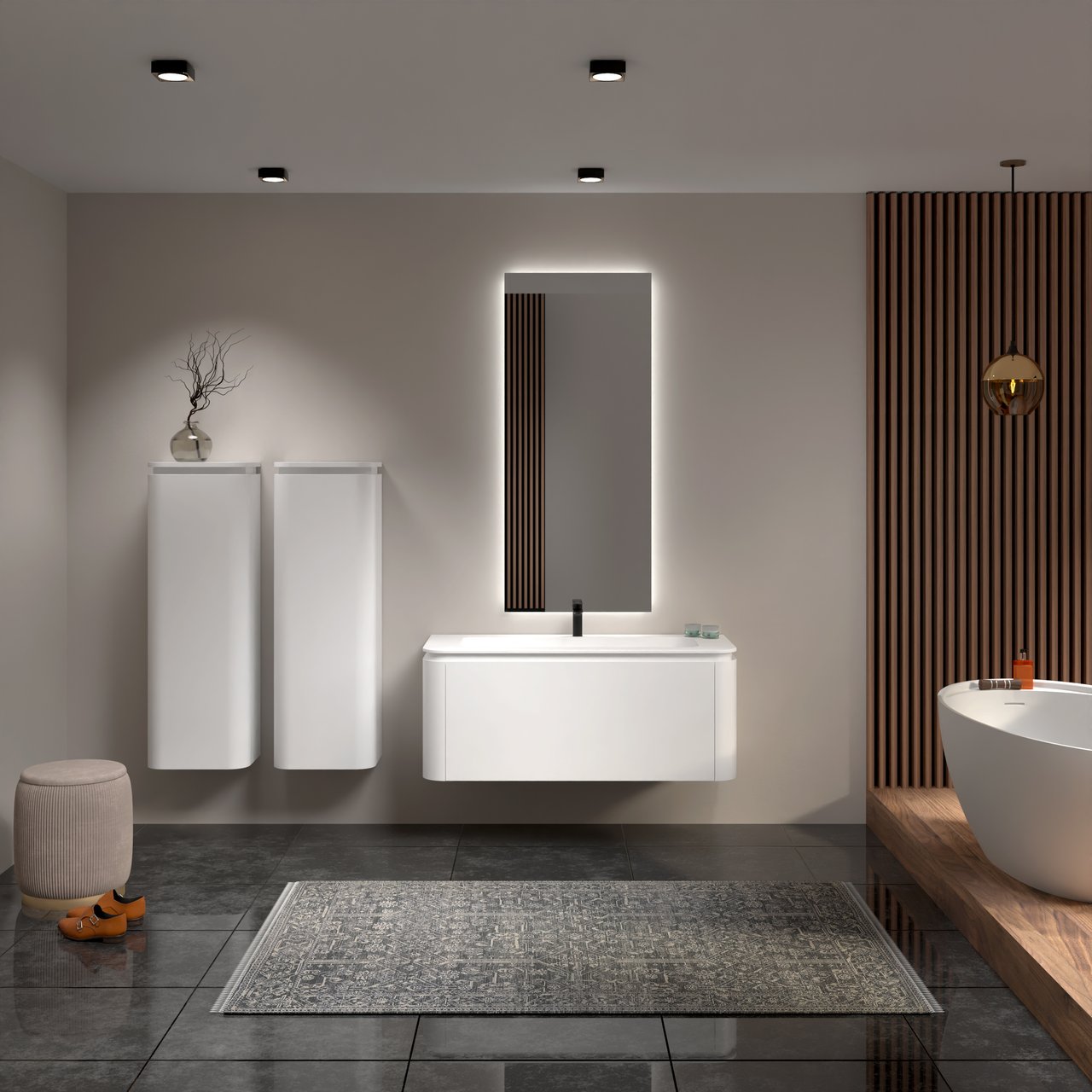 Balmani Moon hängendes Möbelstück Set: 130 x 55 cm, Weiß matt, mit Moon Einzel- oder Doppel Waschtischplatte, Solid Surface Weiß matt