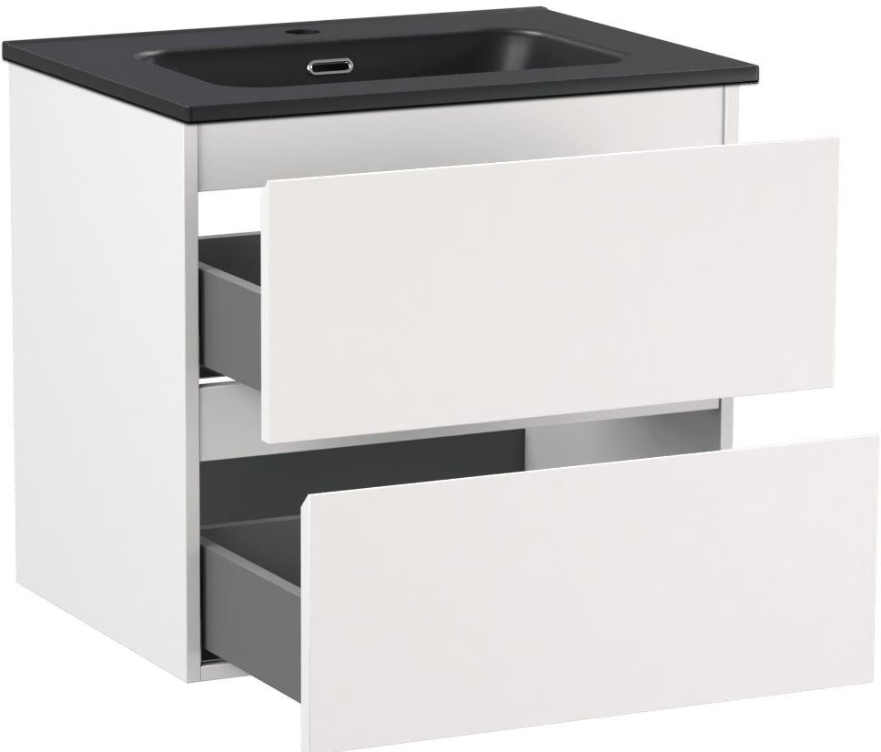 Linie Lado zwevend badmeubel 60 x 46 cm mat wit met Baro enkele wastafel in porselein mat zwart