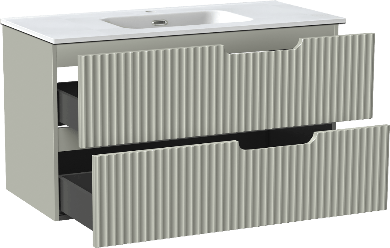 Linie Ribbo meuble salle de bains suspendu 100 x 46 cm greige avec Baro plan simple en porcelaine blanc mat, Nervure circulaire symétrique verticale