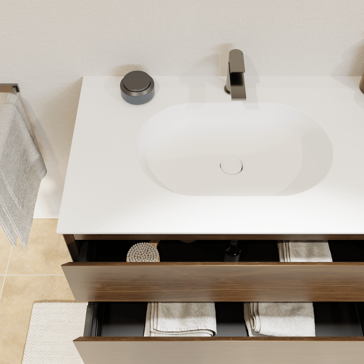 Balmani Mitra meuble salle de bains suspendu 135 x 55 cm noyer américain avec Tablo Oval double vasque en solid surface blanc mat