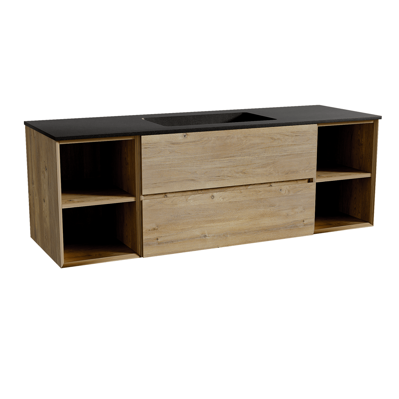 Storke Edge hängendes Möbelstück Set: 155 x 52 cm, Rohe Eiche, mit Scuro Einzelwaschtisch, Quarz Schwarz matt