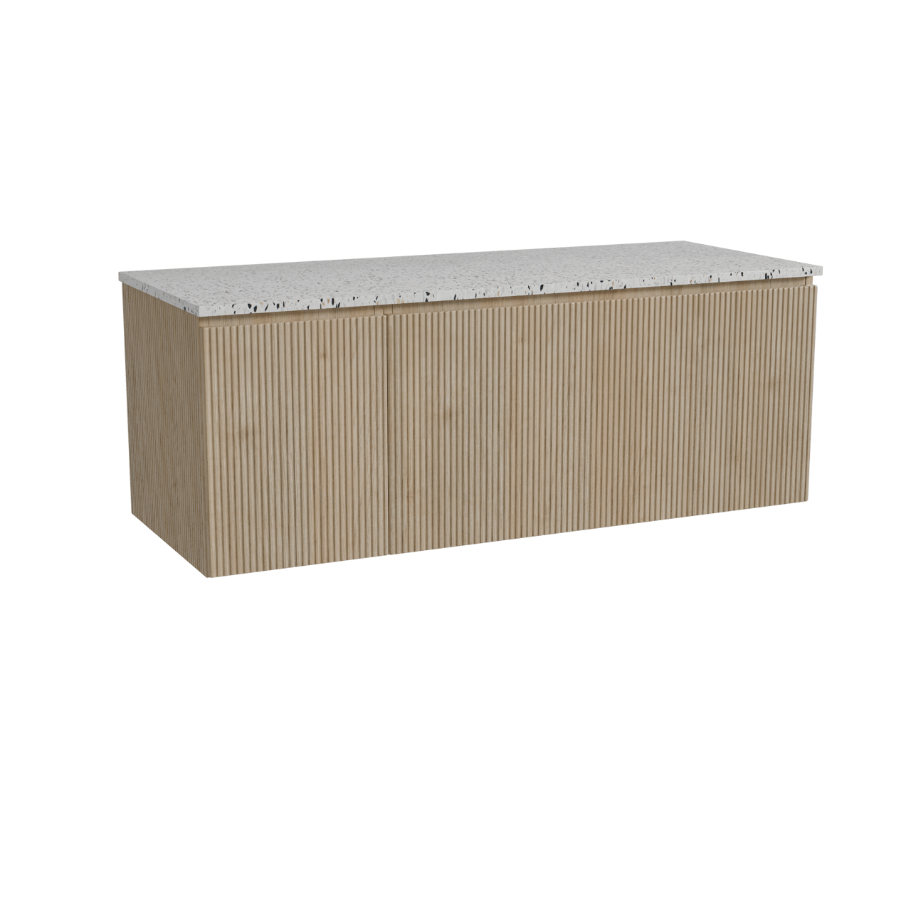 Storke Ribs meuble salle de bains suspendu 130 x 52 cm chêne brut avec Tavola tablette simple ou double en blanc/noir mat terrazzo, Nervure droite symétrique verticale