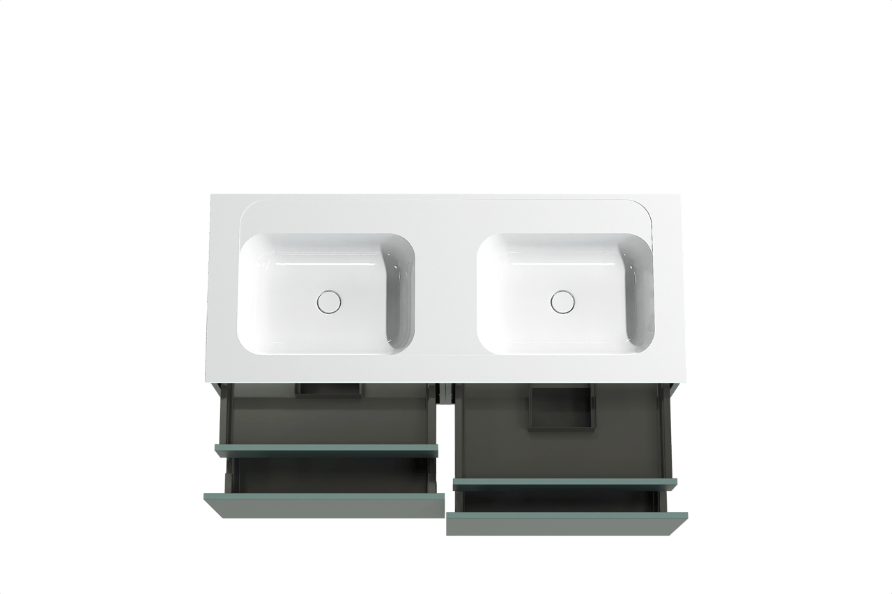 Balmani Sfera hängendes Möbelstück Set: 135 x 55 cm, Forest, mit Tablo Strada Doppelwaschtisch, Marmorkomposit Weiß glänzend