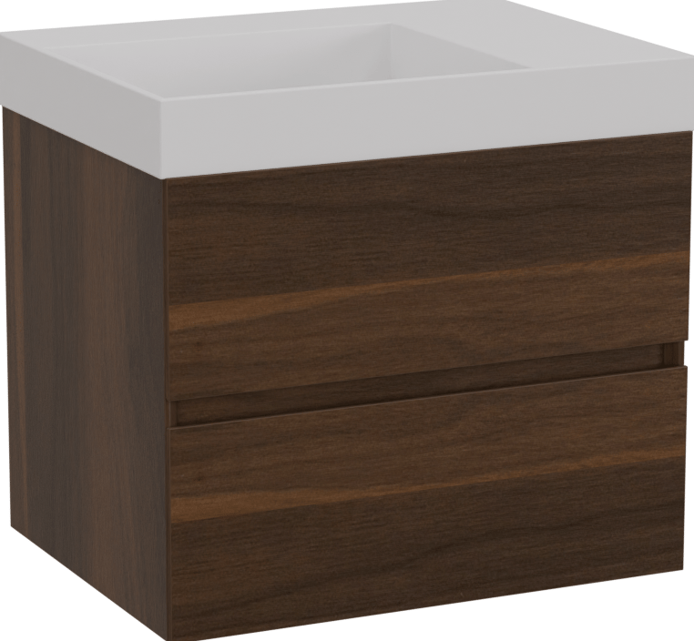 Storke Edge hängendes Möbelstück Set: 60 x 46 cm, Nussbaum, mit Jura Waschtisch links, Solid Surface Weiß matt