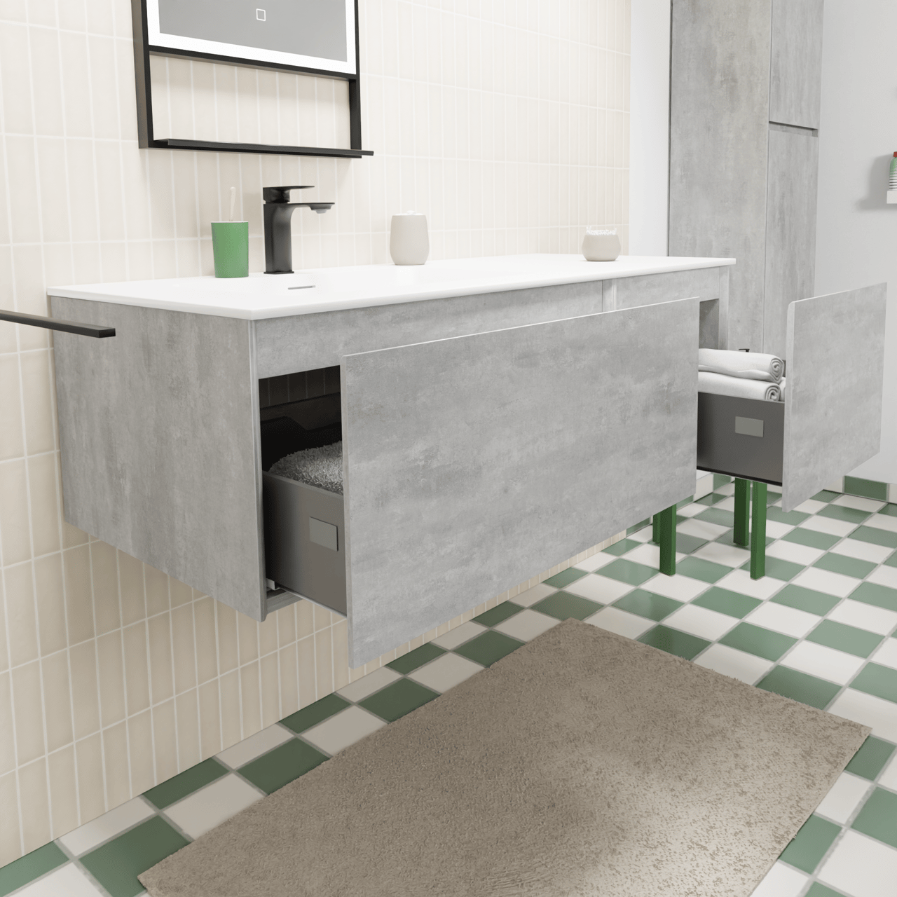 Storke Edge meuble salle de bains suspendu 120 x 52 cm béton gris foncé avec Mata plan vasque asymétrique à gauche en solid surface blanc mat