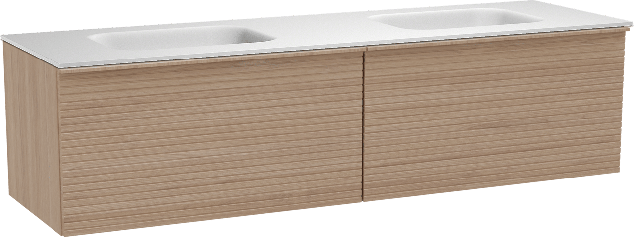 Balmani Forma meuble salle de bains suspendu 180 x 55 cm chêne naturel avec Tablo Arcato double vasque en solid surface blanc mat, Nervure droite symétrique horizontale