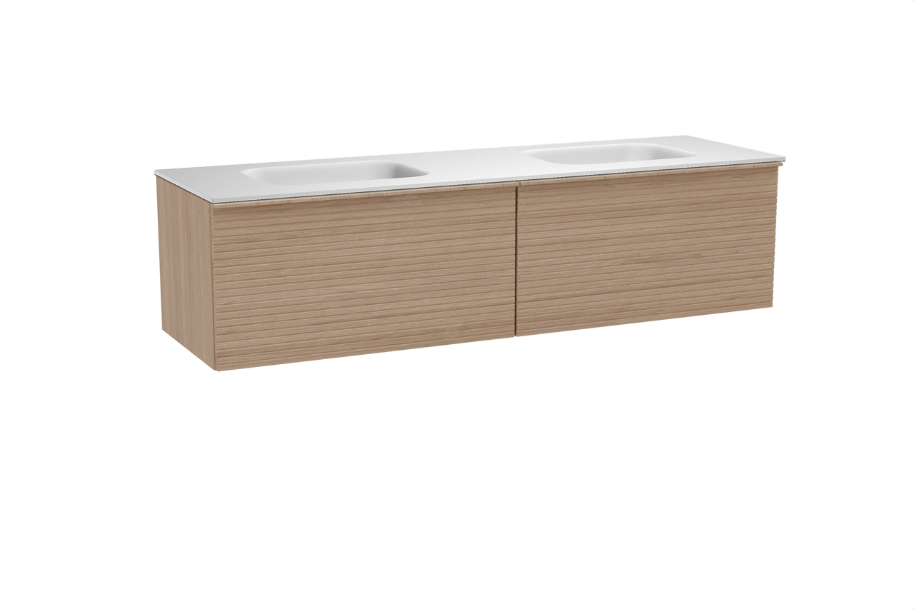 Balmani Forma meuble salle de bains suspendu 180 x 55 cm chêne naturel avec Tablo Arcato double vasque en solid surface blanc mat, Nervure droite symétrique horizontale