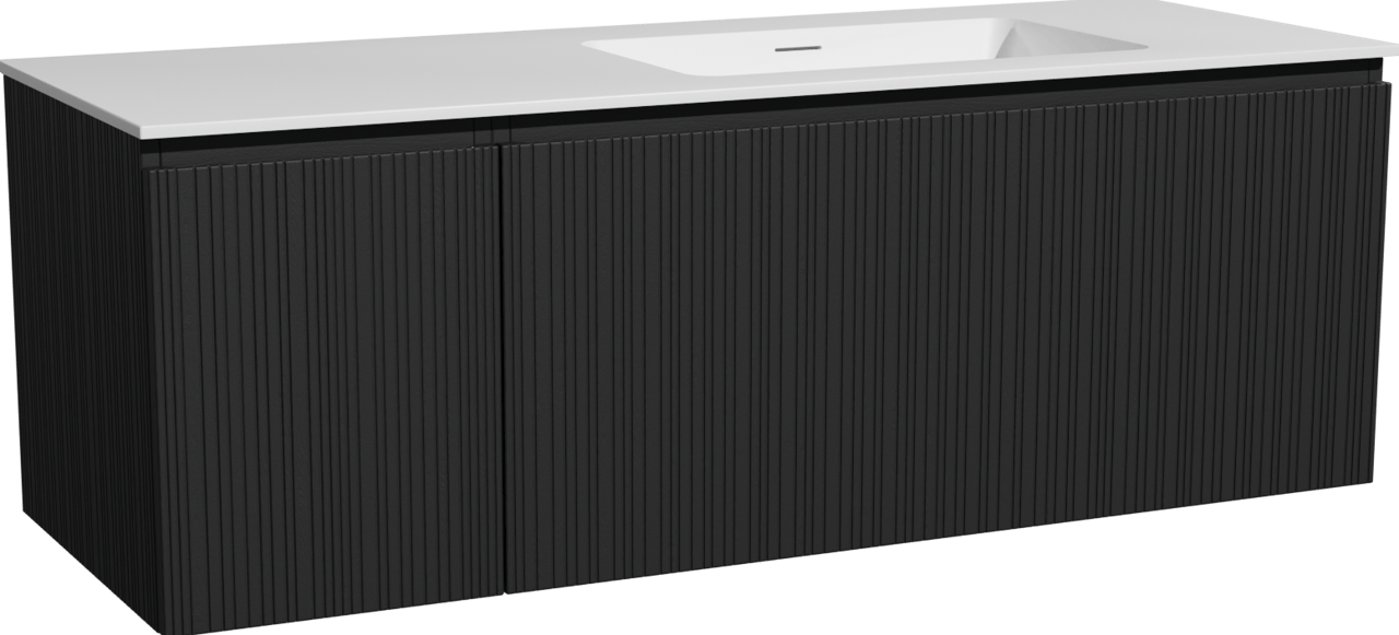 Storke Ribs zwevend badmeubel 140 x 52 cm zwart eiken met Mata asymmetrisch rechtse wastafel in solid surface mat wit, Verticale asymmetrische rechte ribbel