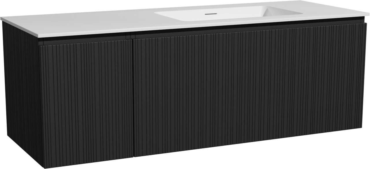 Storke Ribs meuble salle de bains suspendu 140 x 52 cm chêne noir avec Mata plan vasque asymétrique à droite en solid surface blanc mat, Nervure droite asymétrique verticale