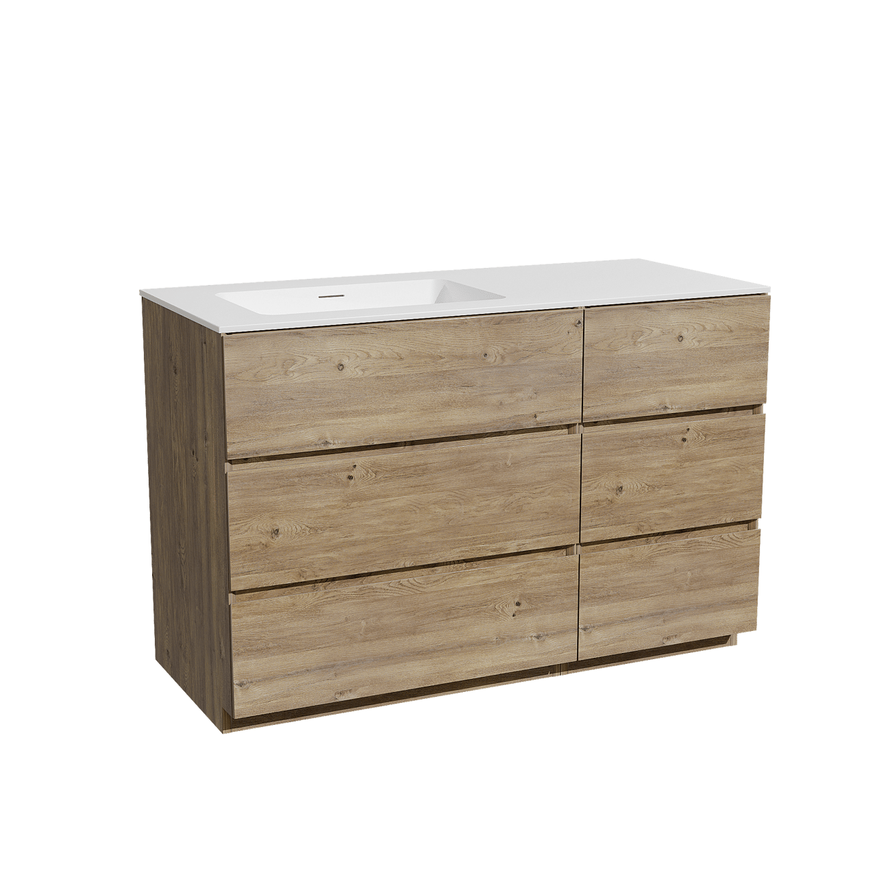 Storke Edge staand badmeubel 120 x 52 cm ruw eiken met Mata asymmetrisch linkse wastafel in solid surface mat wit