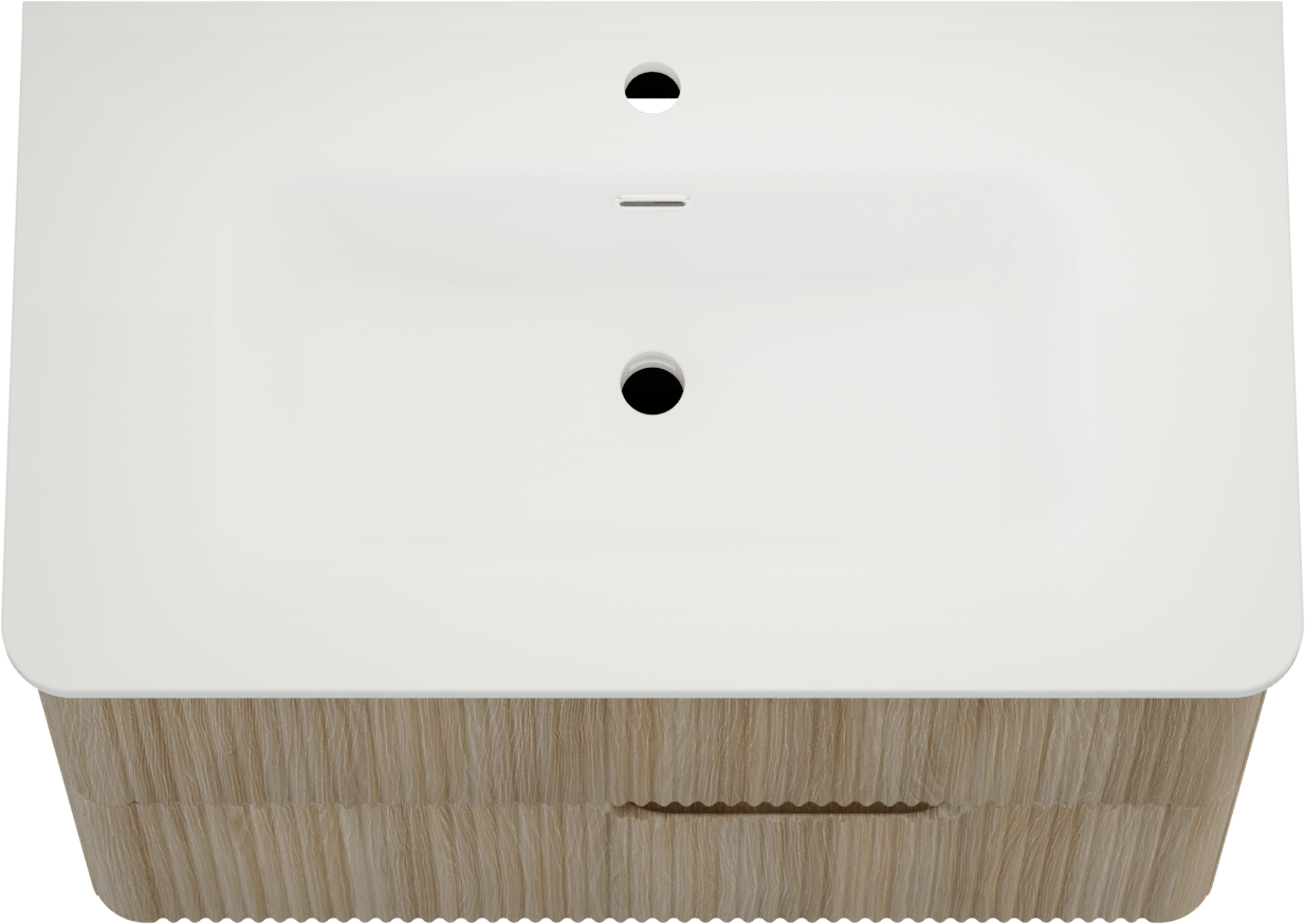 Linie Curvo hängendes Möbelstück Set: 80 x 46 cm, Eiche Hell, mit Baro Curvo Einzelwaschtisch Keramik Weiβ glänzend, Vertikale symmetrische runde Rippe