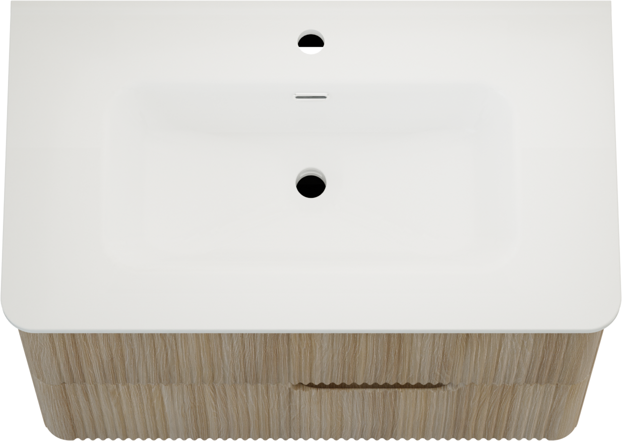 Linie Curvo zwevend badkamermeubel 80 x 46 cm lichte eik met Baro Curvo enkele wastafel in porcelein glanzend wit, Verticale symmetrische ronde ribbel