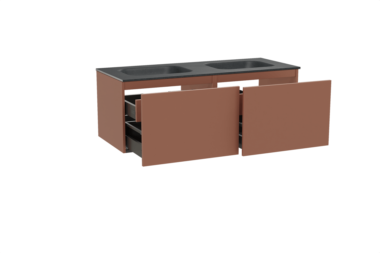 Balmani Sfera zwevend badkamermeubel 135 x 55 cm cotto met Tablo Arcato dubbele wastafel in graniet zwart