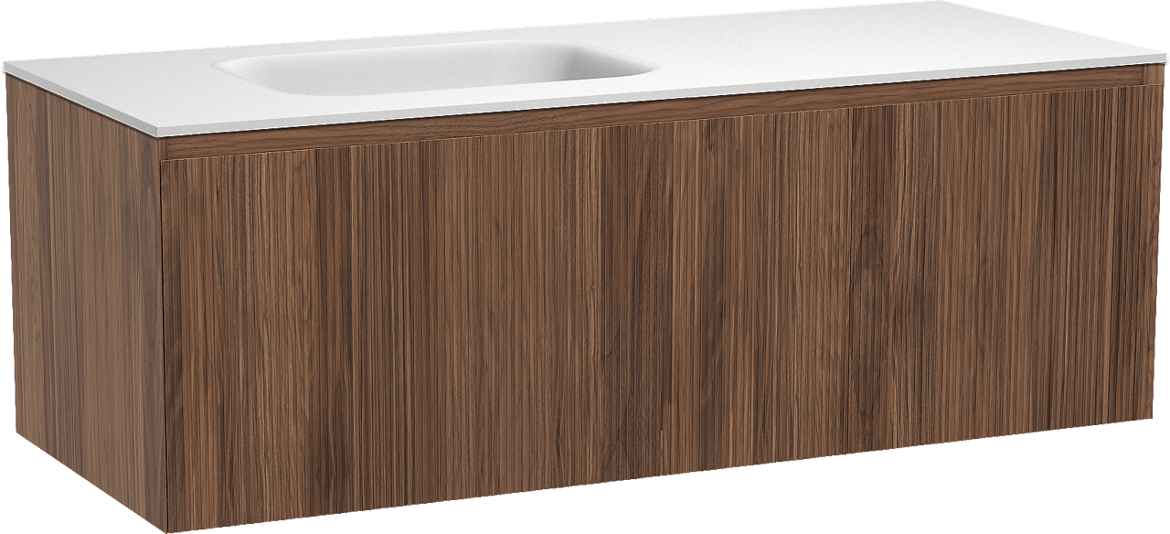 Balmani Fila hängendes Möbelstück Set: 135 x 55 cm, Nussbaum, mit Tablo Arcato Waschtisch links, Solid Surface, Weiß matt, Vertikale symmetrische gerade Rippe