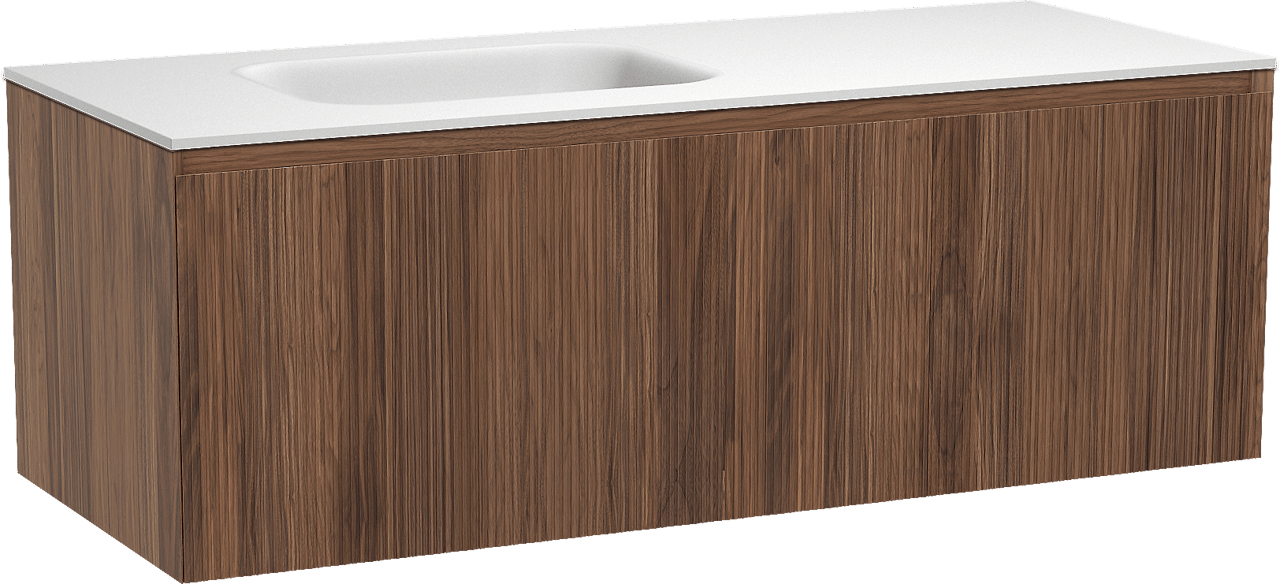 Balmani Fila meuble salle de bains suspendu 135 x 55 cm noyer avec Tablo Arcato vasque asymétrique gauche en solid surface blanc mat, Nervure droite symétrique verticale