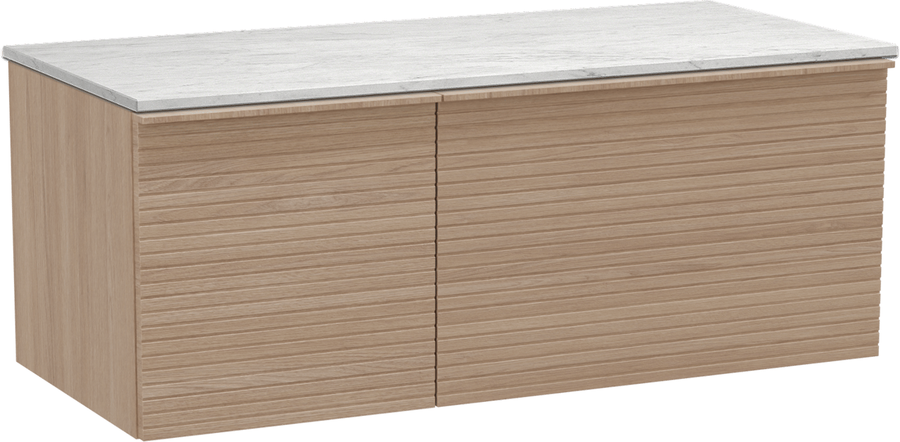 Balmani Forma zwevend badkamermeubel 120 x 55 cm natuur eik met Stretto enkel of dubbel tablet in marmer carrara, Horizontale symmetrische rechte ribbel