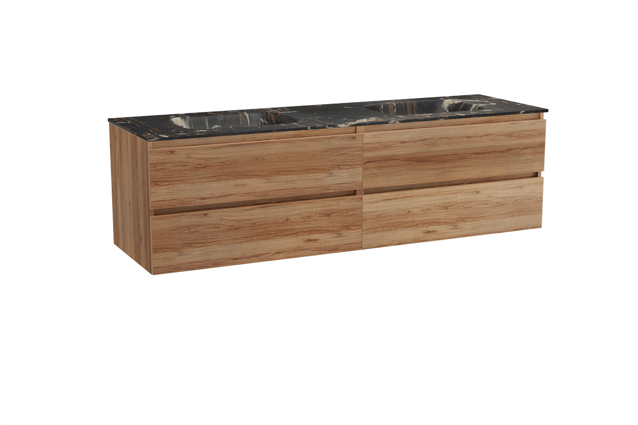 Balmani Lucida meuble salle de bains suspendu 180 x 55 cm teck avec Tablo Arcato double vasque en marbre portoro gold