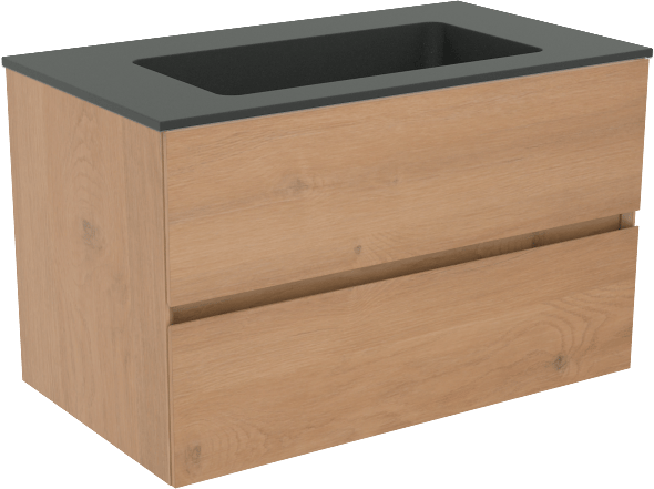 Storke Edge zwevend badmeubel 80 x 46 cm ruw eiken met Scuro enkele wastafel in kwarts mat zwart