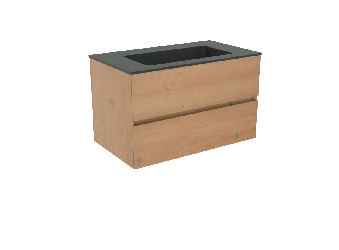 Storke Edge hängendes Möbelstück Set: 80 x 46 cm, Rohe Eiche, mit Scuro Einzelwaschtisch, Quarz Schwarz matt