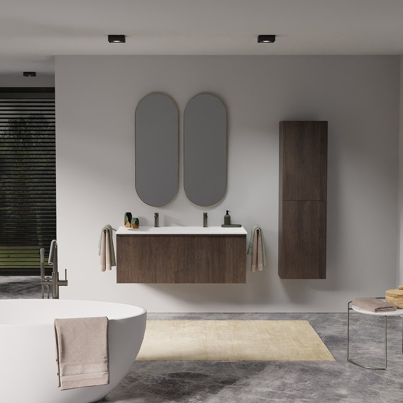 Balmani Forma zwevend badkamermeubel 120 x 55 cm gerookte eik met Tablo Oval asymmetrisch linkse wastafel in solid surface mat wit, Verticale symmetrische rechte ribbel