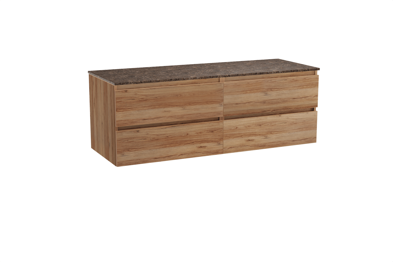 Balmani Lucida zwevend badkamermeubel 150 x 55 cm teak met Stretto enkel of dubbel tablet in marmer dark emperador