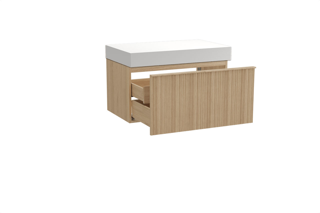 Balmani Forma hängendes Möbelstück Set: 90 x 55 cm, Naturbelassene Eiche, mit Dominus Einzel Waschtischplatte, Solid Surface, Weiß matt, Vertikale asymmetrische Runde Rippe