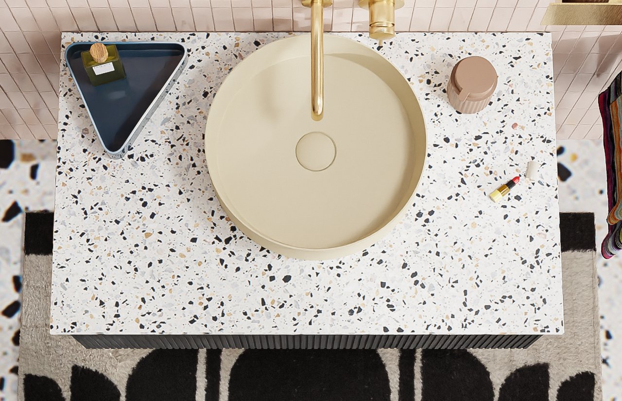 Balmani Stretto Einzel- oder Doppel Waschtischplatte Bianco Nero Terrazzo 120 x 55 cm
