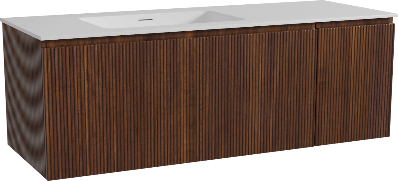 Storke Ribs zwevend badmeubel 140 x 52 cm notenhout met Mata asymmetrisch linkse wastafel in solid surface mat wit, Verticale symmetrische rechte ribbel