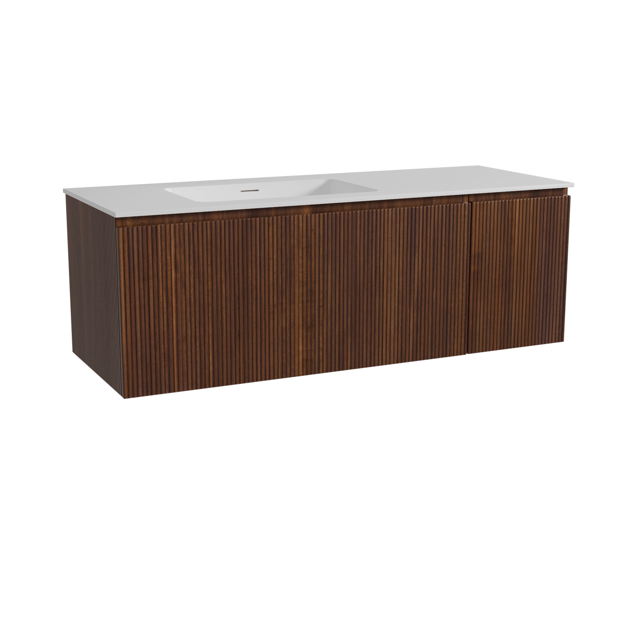 Storke Ribs hängendes Möbelstück Set: 140 x 52 cm, Nussbaum, mit Mata Waschtisch links, Solid Surface, Weiß matt, Vertikale symmetrische gerade Rippe