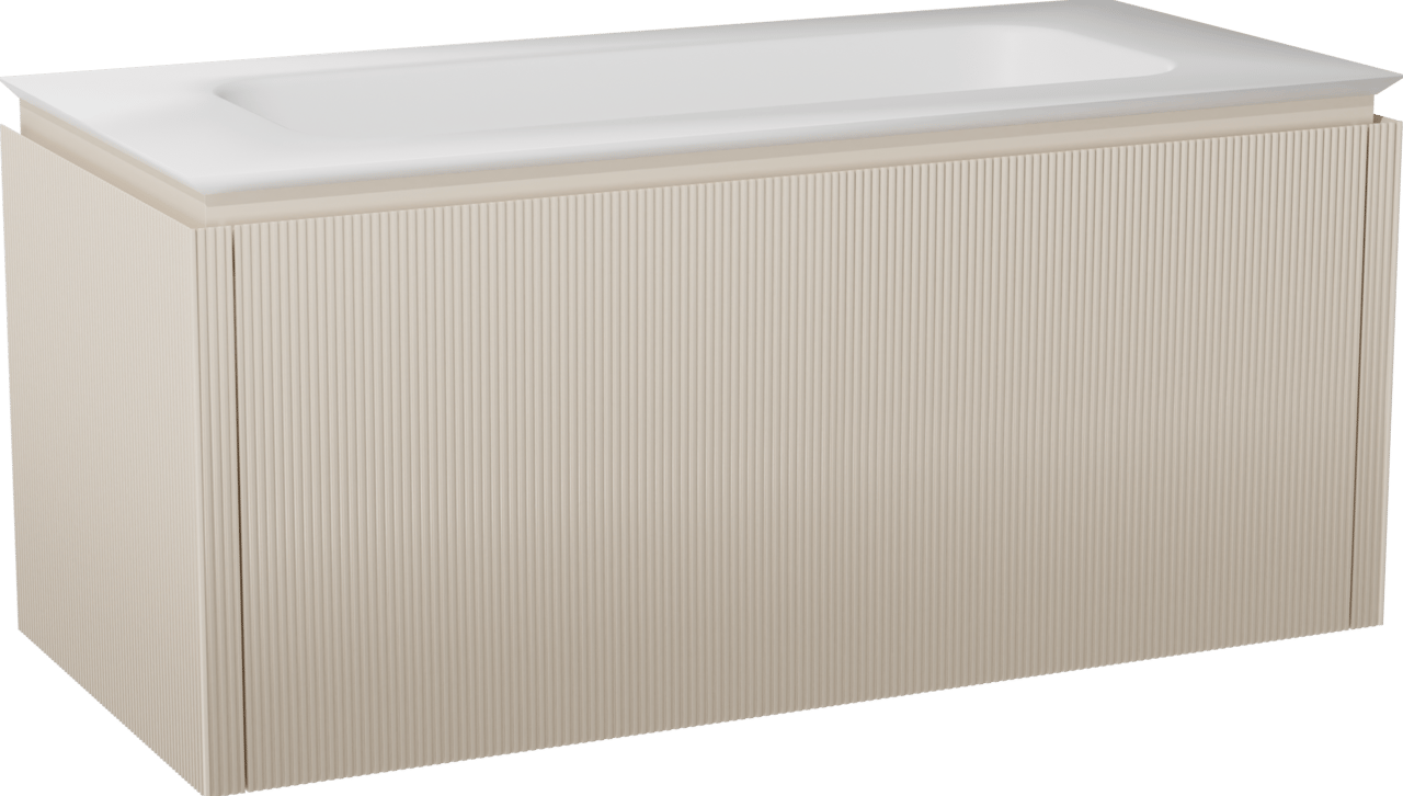 Balmani Eclips meuble salle de bains suspendu 120 x 55 cm Sandbeige avec Eclips plan simple en Solid Surface blanc mat, Nervure droite symétrique verticale