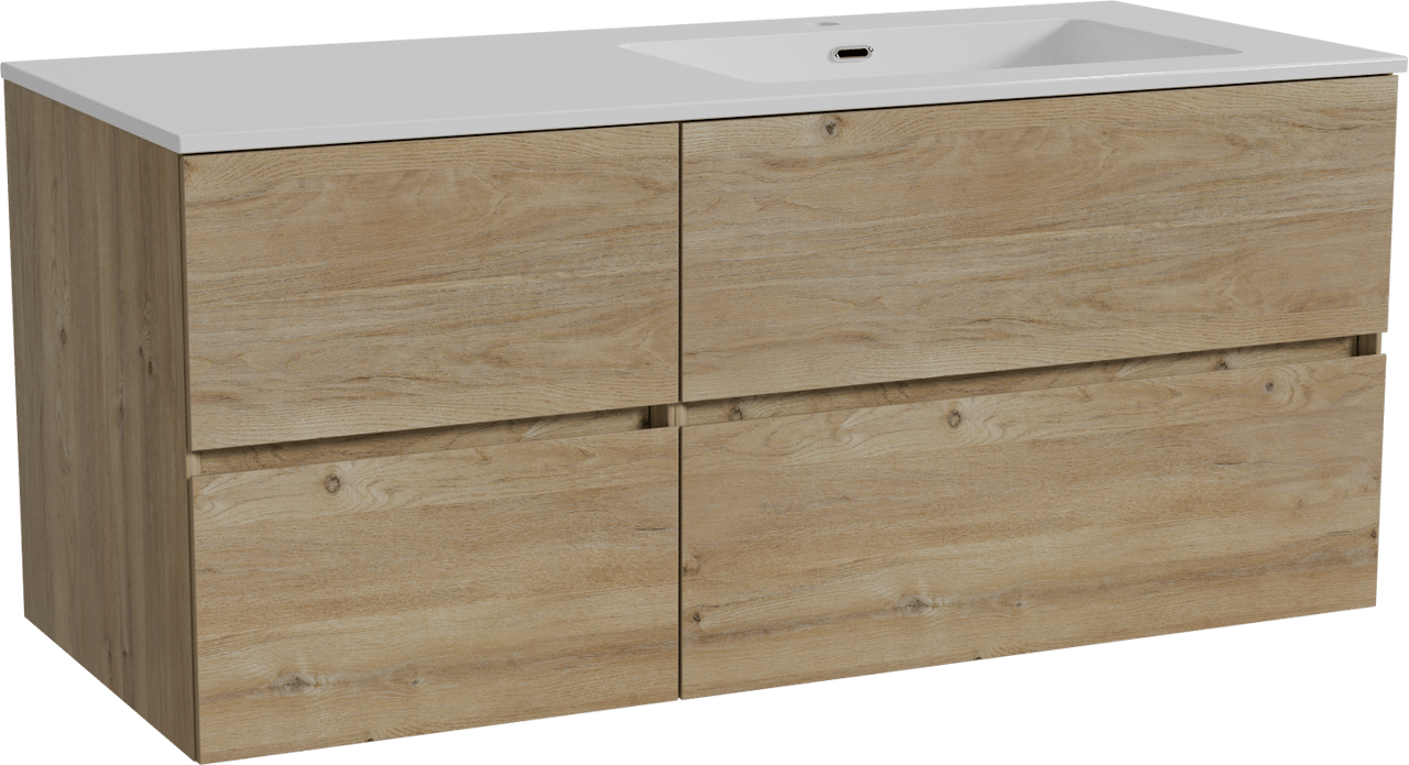 Storke Edge meuble salle de bains suspendu 120 x 52 cm chêne brut avec Diva plan vasque asymétrique à droite en marbre composite blanc brillant