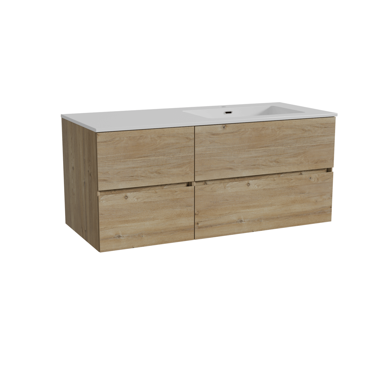 Storke Edge zwevend badmeubel 120 x 52 cm ruw eiken met Diva asymmetrisch rechtse wastafel in composietmarmer hoogglans wit