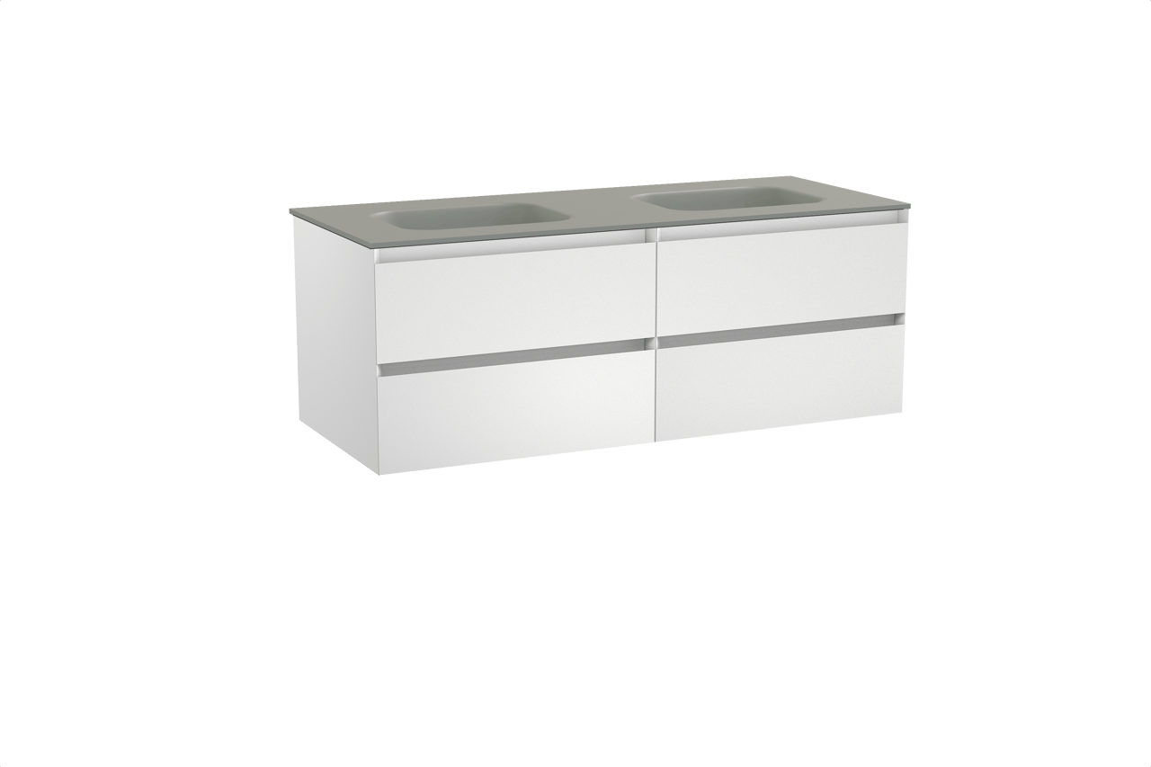 Balmani Mitra zwevend badkamermeubel 135 x 55 cm mat wit met Tablo Arcato dubbele wastafel in solid surface steengrijs