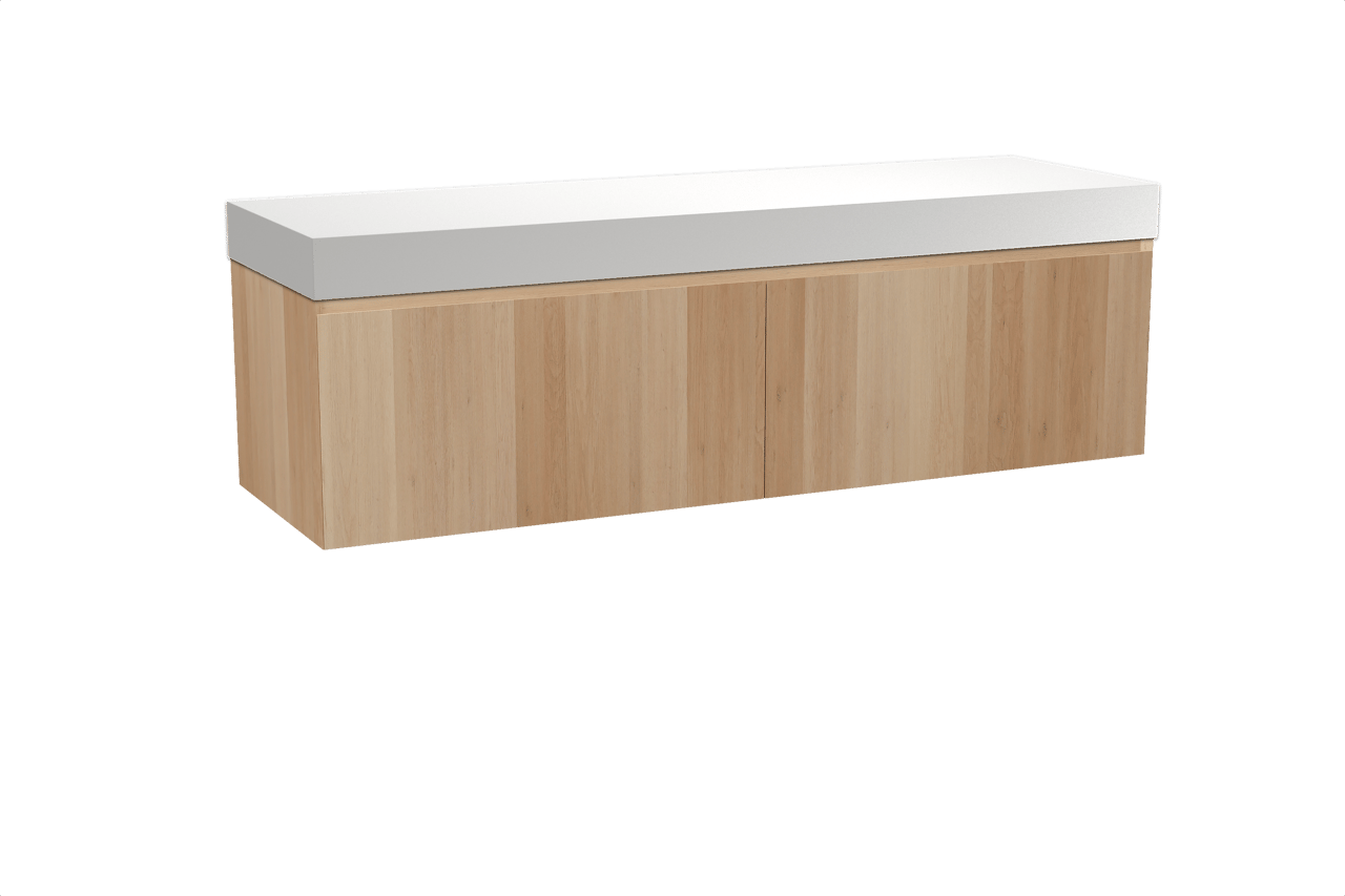 Balmani Idra hängendes Möbelstück Set: 180 x 55 cm, Naturbelassene Eiche, mit Dominus Einzel- oder Doppel Waschtischplatte, Solid Surface Weiß matt