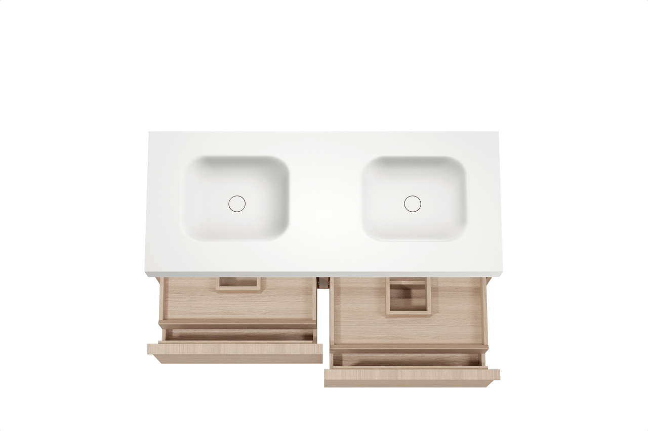 Balmani Forma zwevend badkamermeubel 135 x 55 cm natuur eik met Arcato dubbele wastafel in solid surface mat wit, Horizontale symmetrische rechte ribbel
