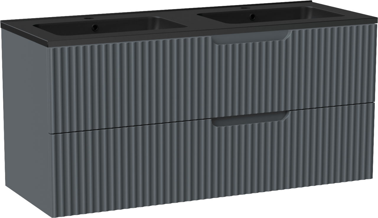 Linie Ribbo meuble salle de bains suspendu 120 x 46 cm bleu anthracite avec Vano double vasque en marbre composite noir mat, Nervure circulaire symétrique verticale