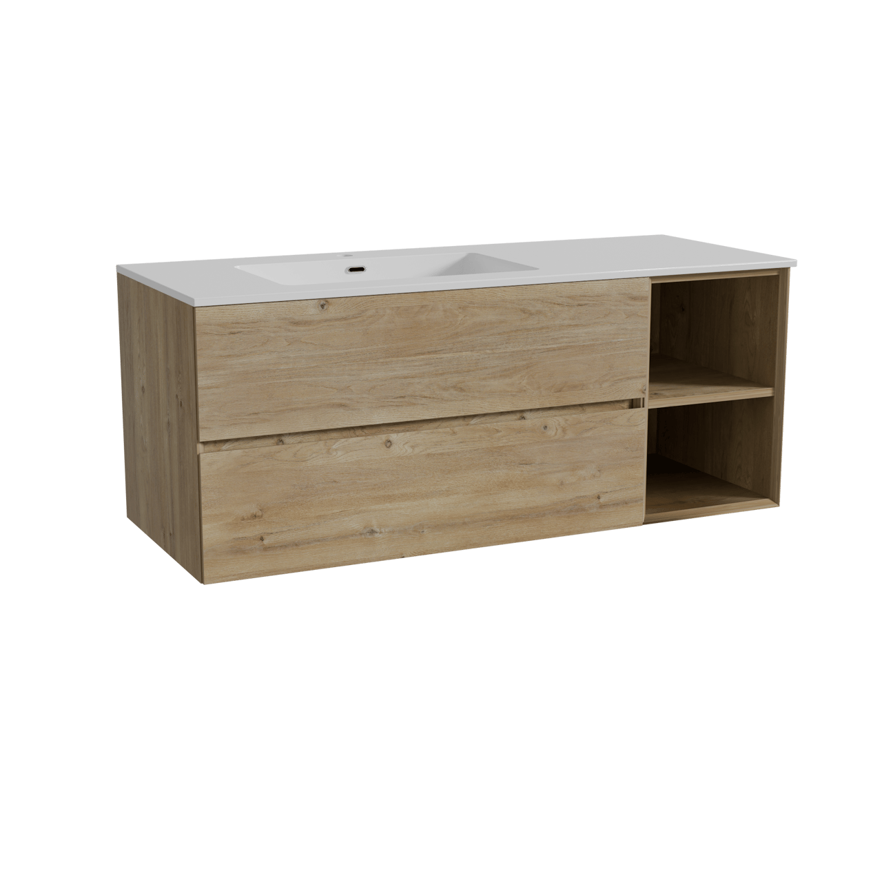 Storke Edge meuble salle de bains suspendu 130 x 52 cm chêne brut avec Diva plan vasque asymétrique à gauche en marbre composite blanc brillant