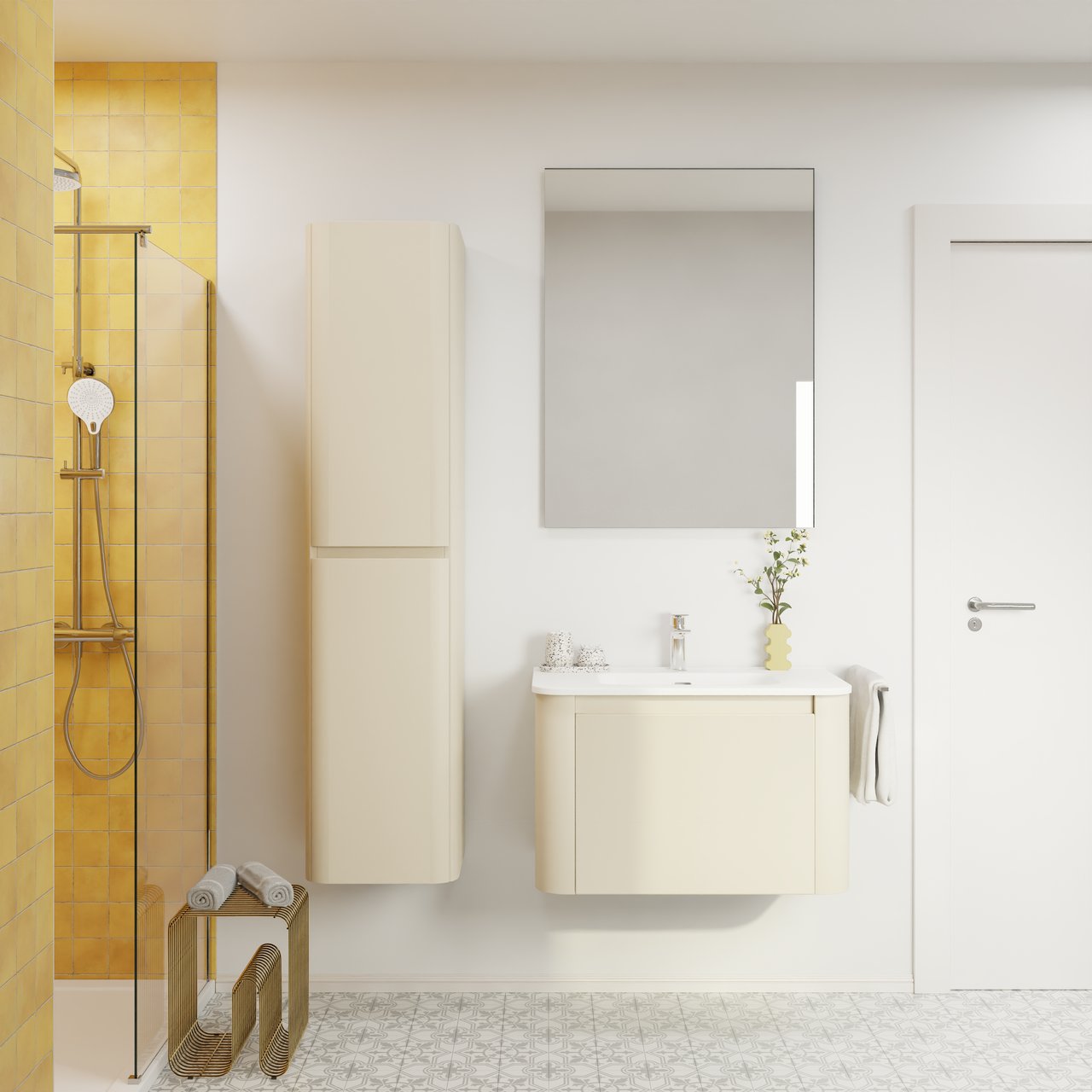 Storke Soft zwevend badkamermeubel 80 x 46 cm Sand mat met Kera Soft enkele wastafel in porselein mat wit