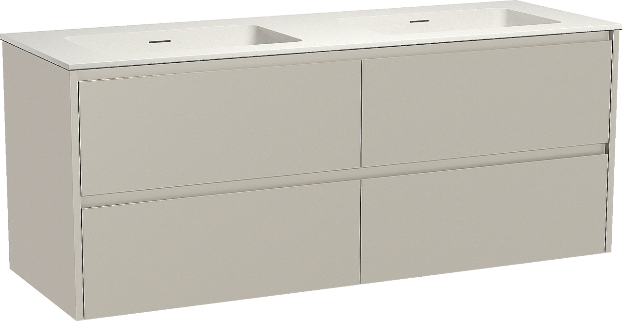 Storke Seda zwevend badmeubel 150 x 52 cm zijdegrijs met Mata dubbele wastafel in solid surface mat wit