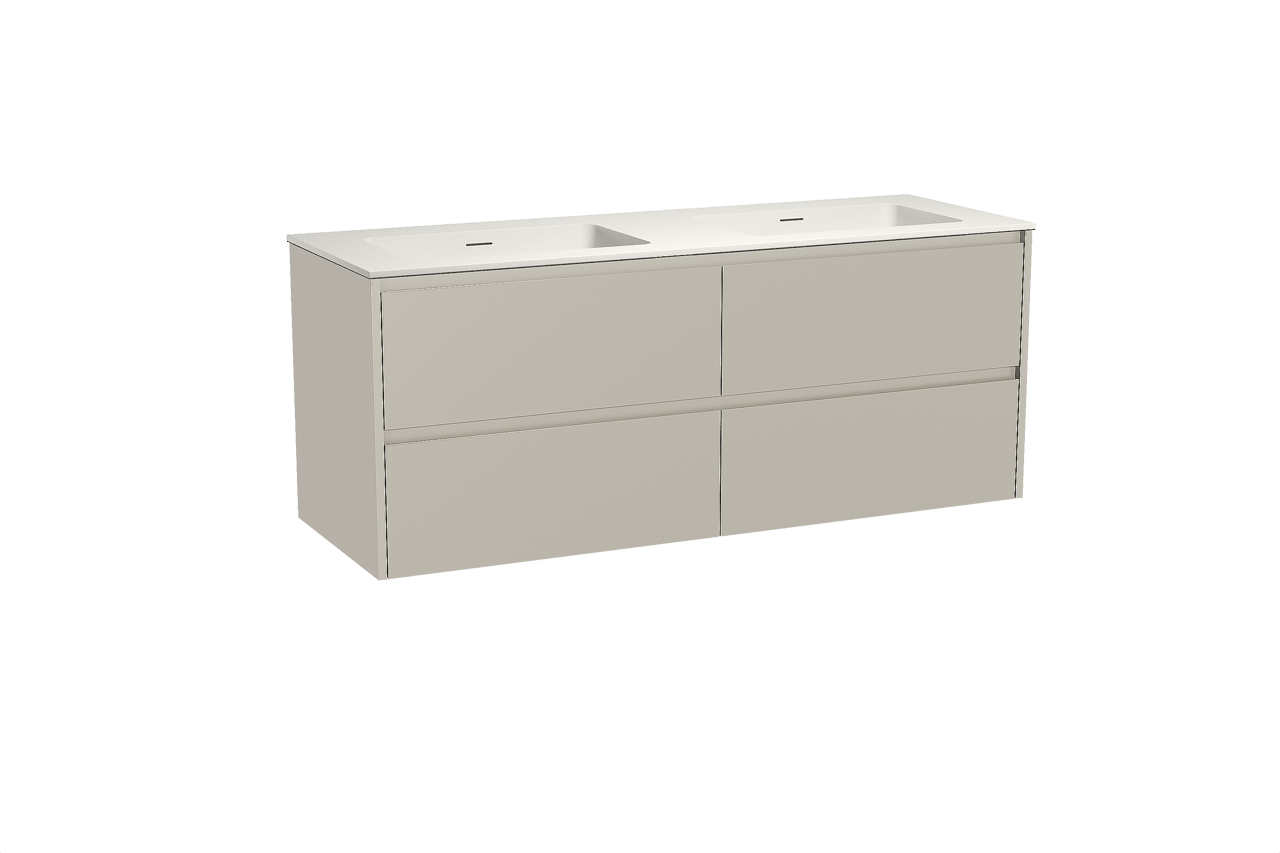 Storke Seda hängendes Möbelstück Set: 150 x 52 cm, Seidengrau, mit Mata Doppelwaschtisch, Solid Surface Weiß matt