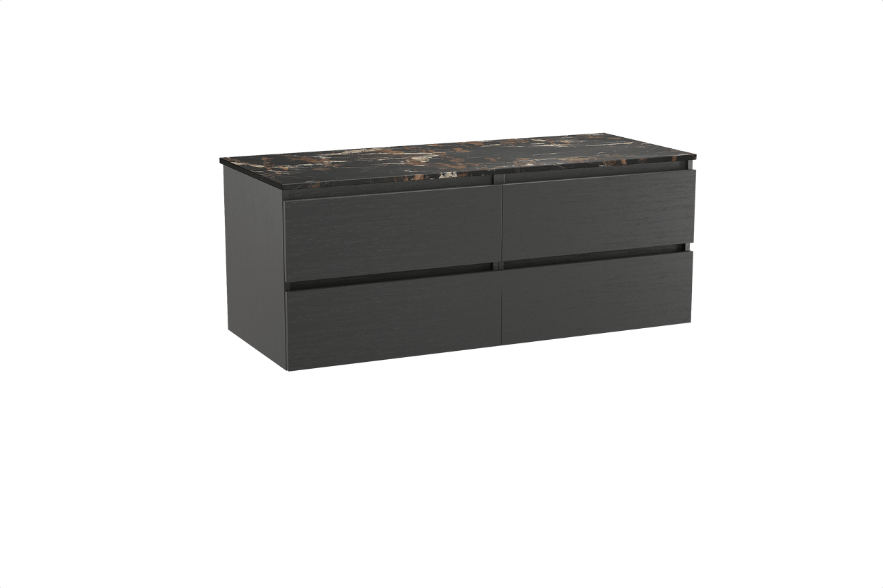 Balmani Lucida hängendes Möbelstück Set: 135 x 55 cm, Schwarze Eiche, mit Stretto Einzel- oder Doppel Waschtischplatte, Marmor Portoro Gold