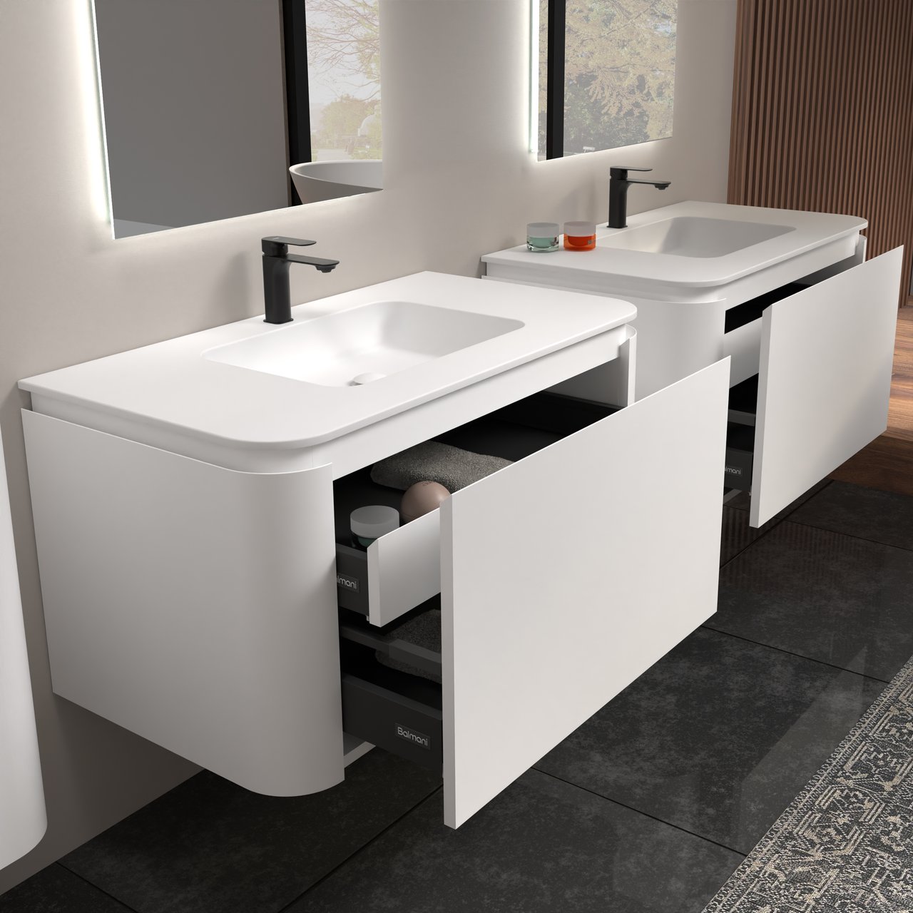 Balmani Moon zwevend badkamermeubel 100 x 55 cm mat wit met Moon enkele wastafel in solid surface mat wit