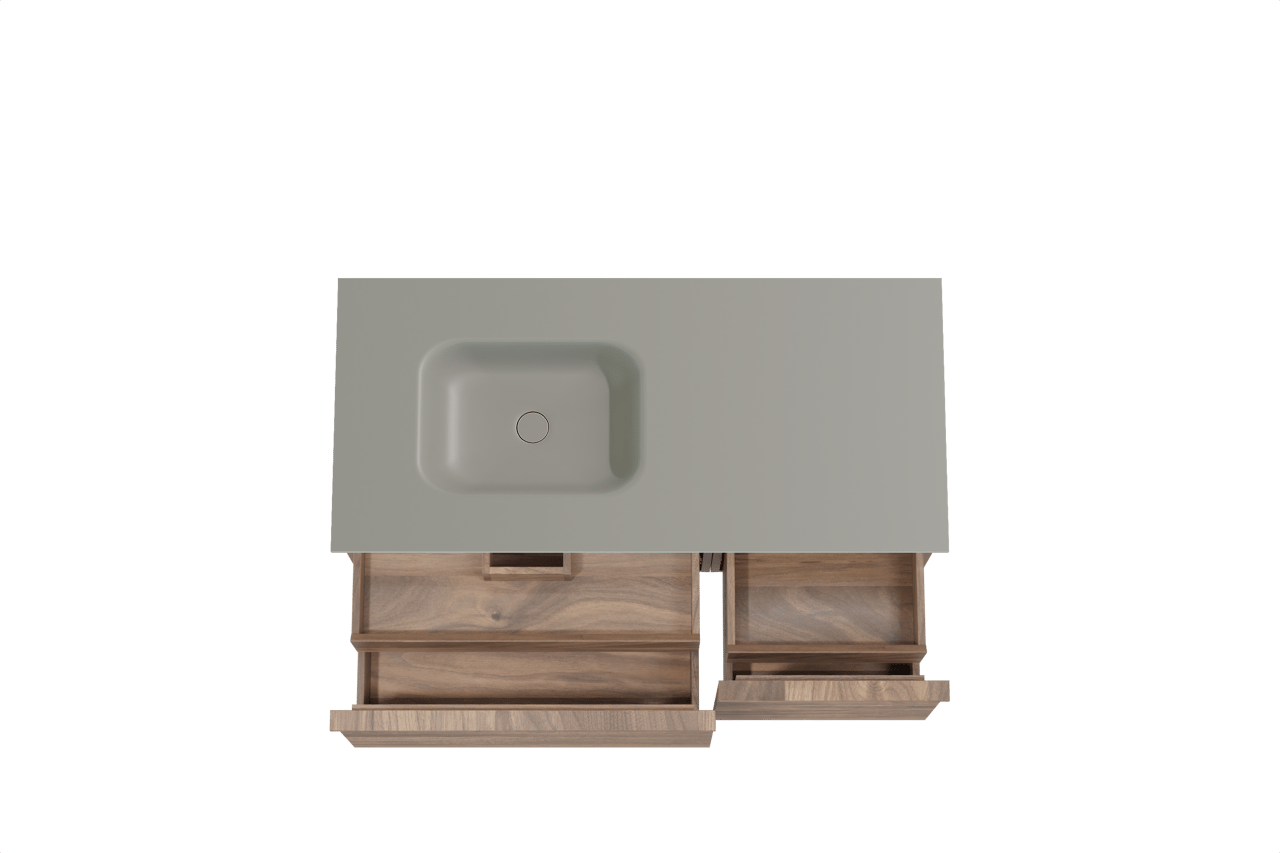 Balmani Forma meuble salle de bains suspendu 120 x 55 cm noyer américain avec Tablo Arcato plan vasque asymétrique à gauche en solid surface gris pierre, Nervure droite symétrique horizontale