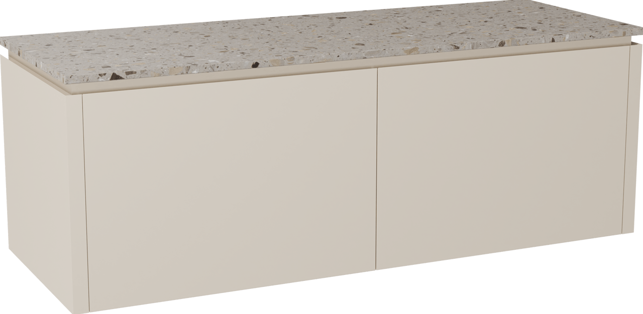 Balmani Eclips meuble salle de bains suspendu 150 x 55 cm Sandbeige avec Stretto tablette simple ou double en Terrazzo greige