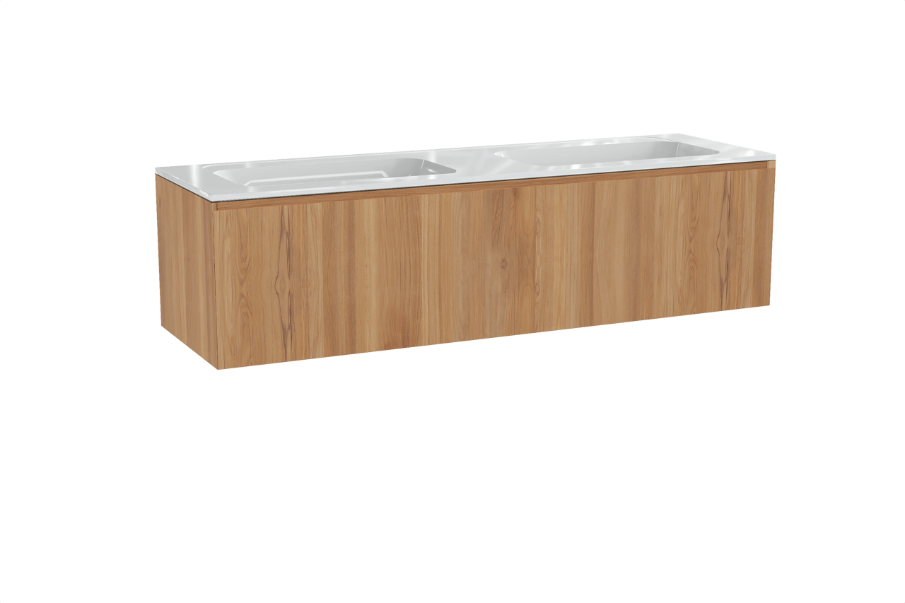 Balmani Idra hängendes Möbelstück Set: 180 x 55 cm, Teak, mit Tablo Strada Doppelwaschtisch, Marmorkomposit Weiß glänzend