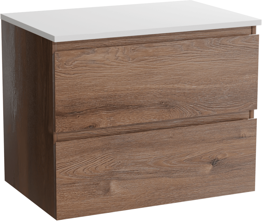 Linie Lado hängendes Möbelstück Set: 70 x 46 cm, Braune Eiche, mit Lado Einzel Waschtischplatte, Marmorkomposit Weiß glänzend