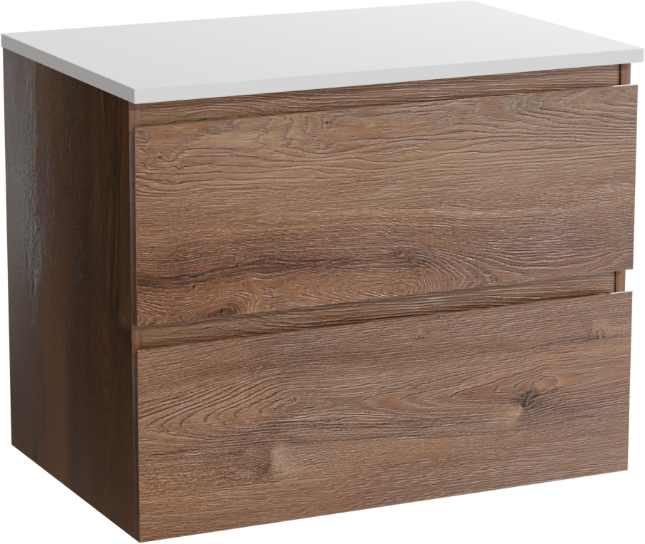 Linie Lado zwevend badkamermeubel 70 x 46 cm bruine eik met Lado enkel tablet in composietmarmer glanzend wit