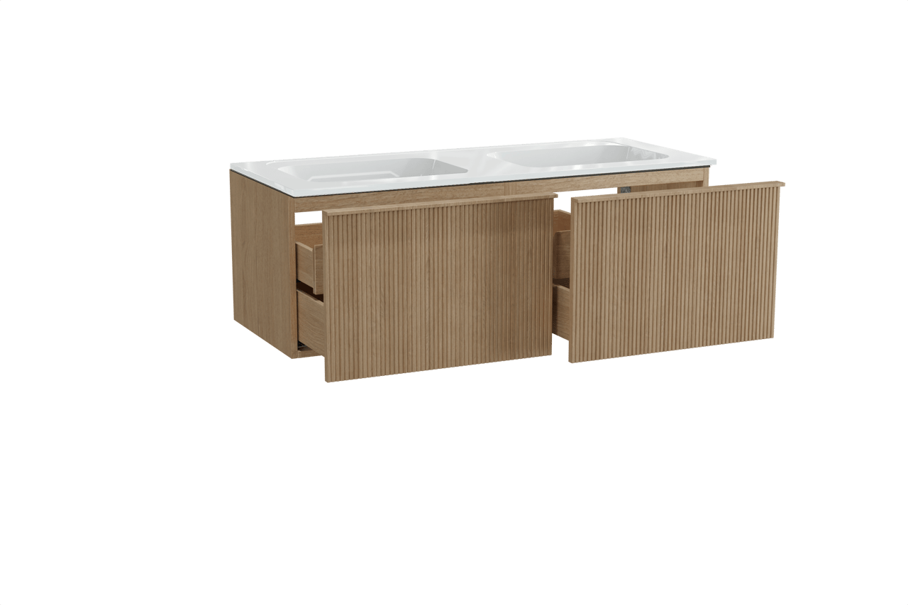 Balmani Forma zwevend badkamermeubel 135 x 55 cm natuur eik met Tablo Strada dubbele wastafel in composietmarmer glanzend wit, Verticale symmetrische rechte ribbel