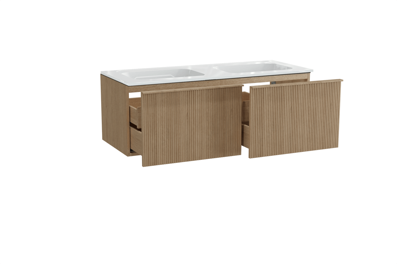 Balmani Forma meuble salle de bains suspendu 135 x 55 cm chêne naturel avec Tablo Strada double vasque en marbre composite blanc brillant, Nervure droite symétrique verticale